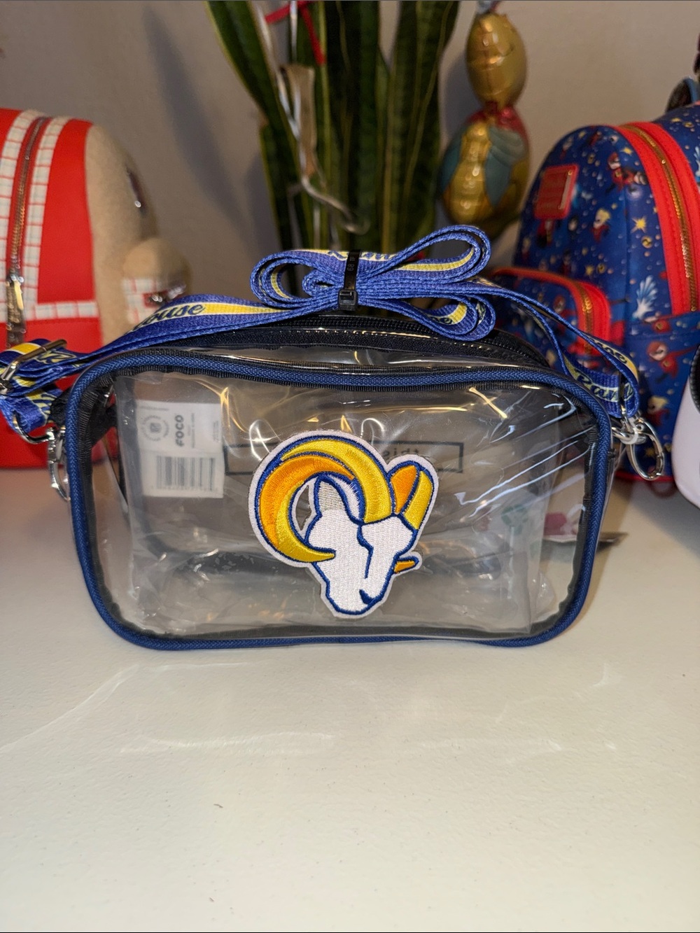 Clear Crossbody Bag with Blue Trim and Yellow Ram Patch